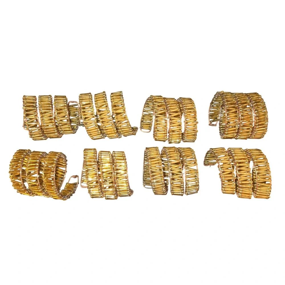 Pier 1 VTG Napkin Rings Set of 8 Gold Tone Beaded Wire Spiral Shaped Adjustable